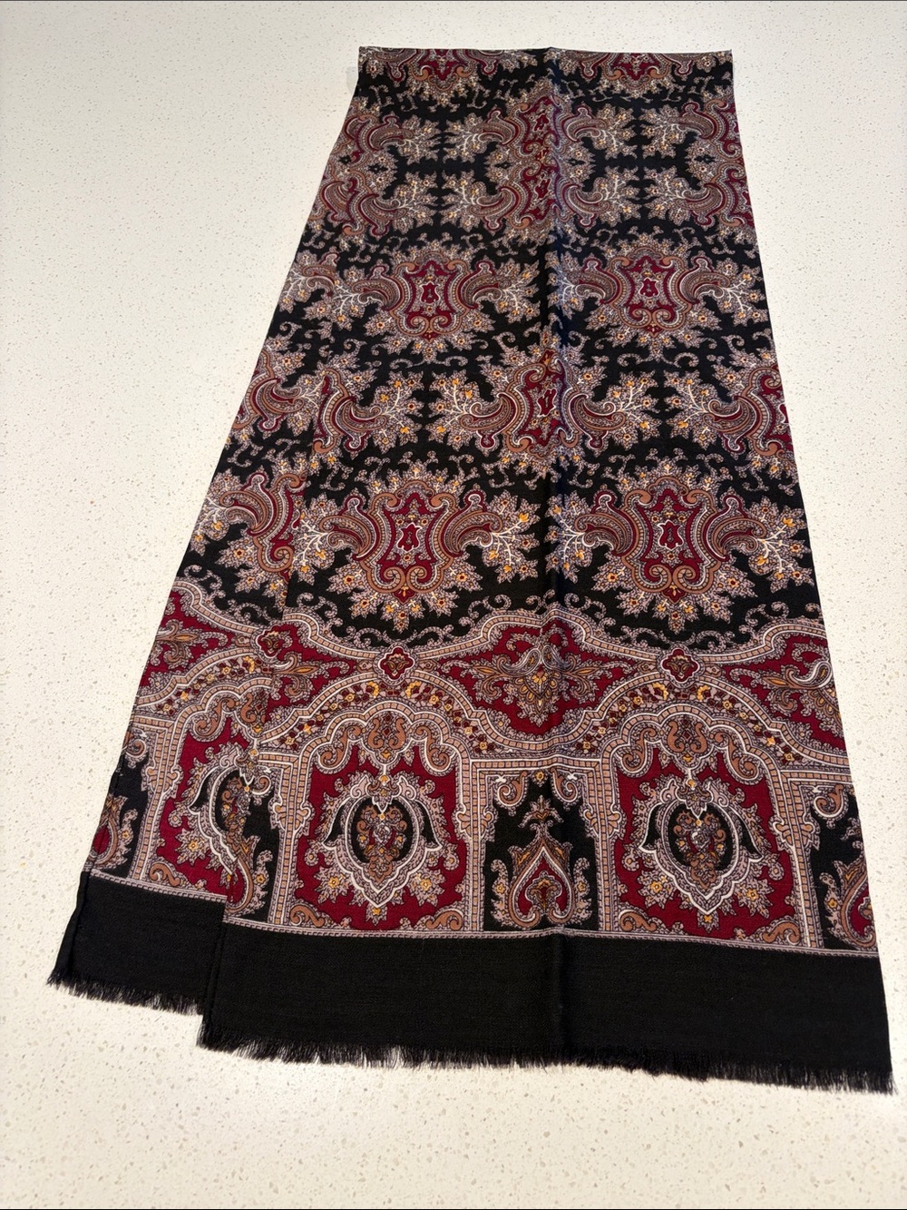 Paisley Fringe Scarf in Black and Burgundy.  Dress Scarf.